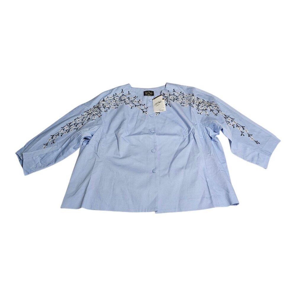 NWT Bob Mackie Pique Jacket Blazer 3X Blue Asian Floral Embroidered 3/4 Sleeve‎